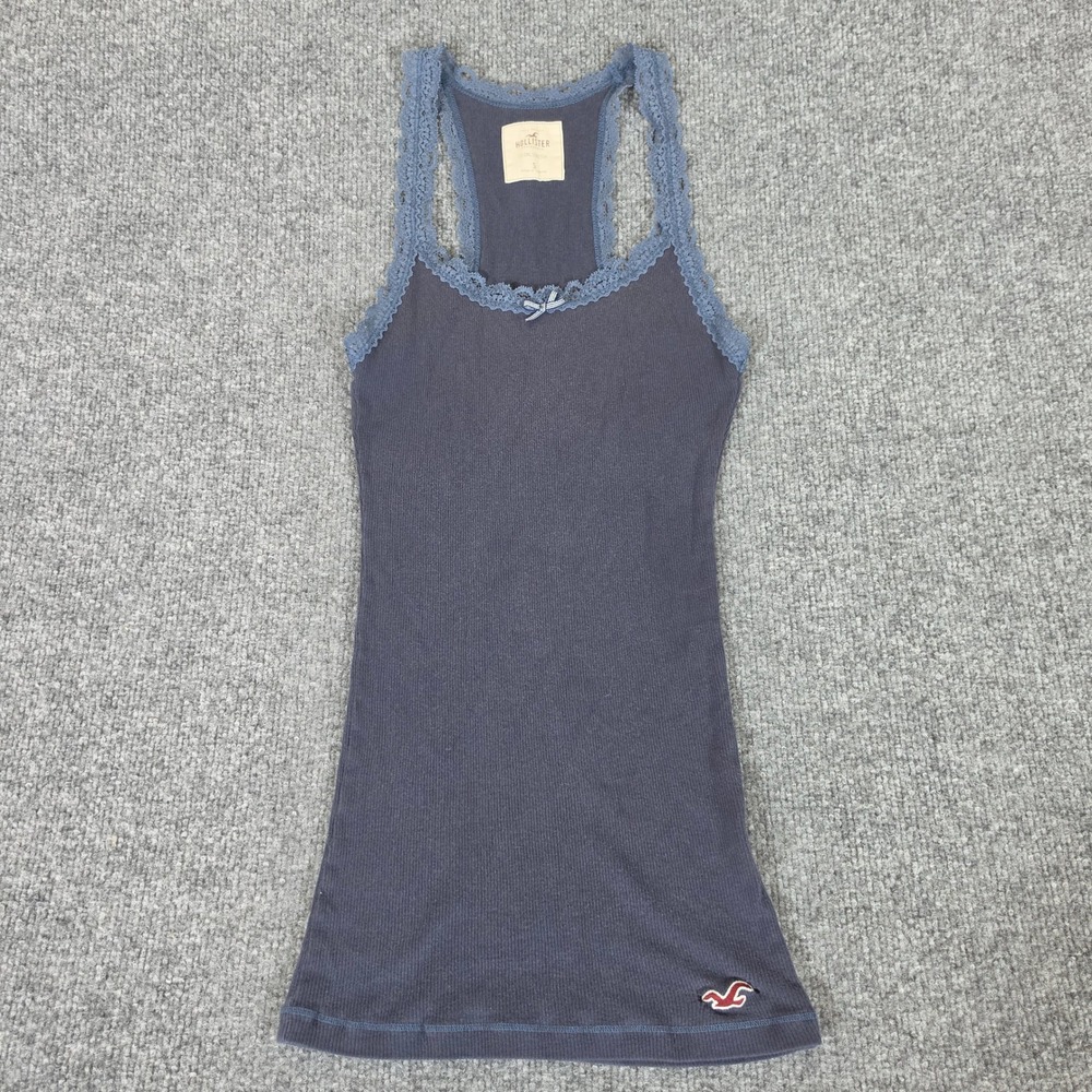 Hollister So Cal Stretch Lace Trim Tank Top Navy Blue Ribbed Y2K Small